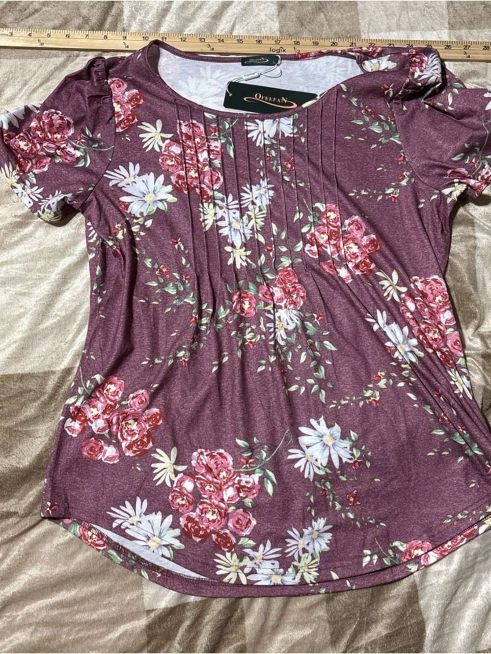 Pleated Floral Short Sleeve Blouse - Purple